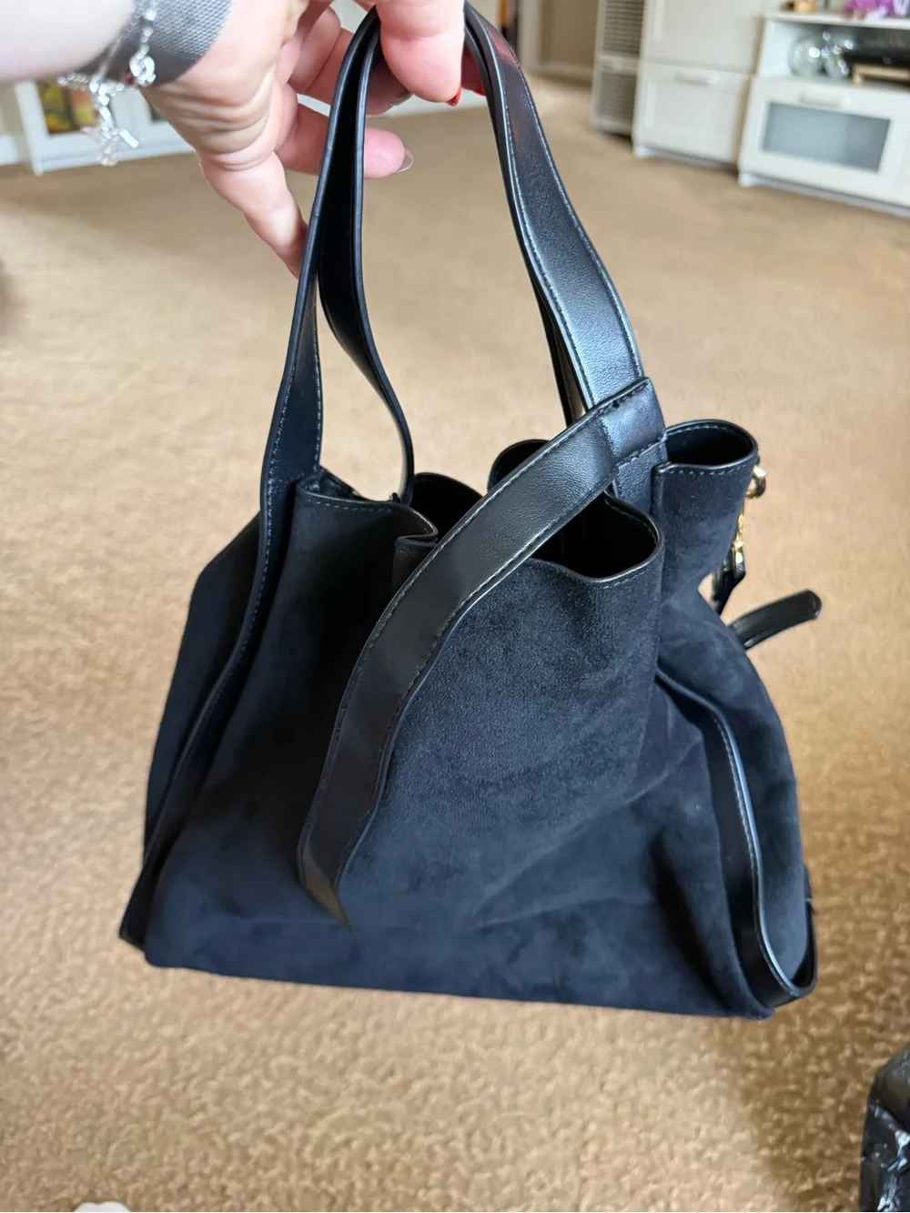 LIKE DREAMS Black Suede Shoulder Bag with Gold Accents